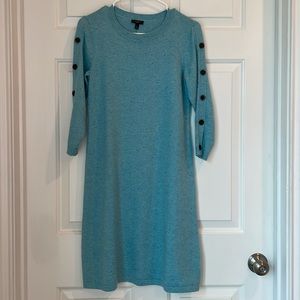 Talbots Kitty Tweed Open Neck Sweater Dress Button Accent Petite S Aqua Blue NWT